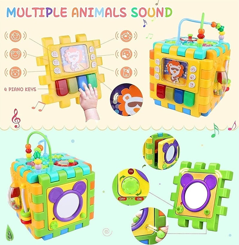 Cub Multifuncțional Puzzle Educativ pentru Bebelusi cu 6 Laturi Interactive și Pian