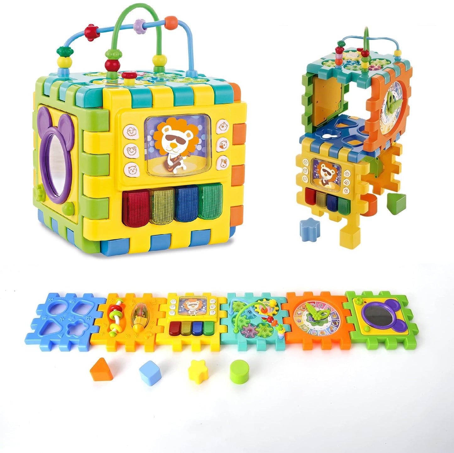 Cub Multifuncțional Puzzle Educativ pentru Bebelusi cu 6 Laturi Interactive și Pian
