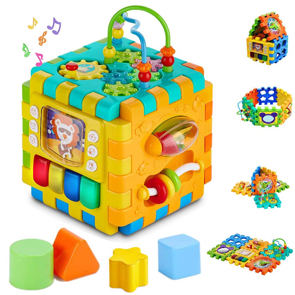 Cub Multifuncțional Puzzle Educativ pentru Bebelusi cu 6 Laturi Interactive și Pian
