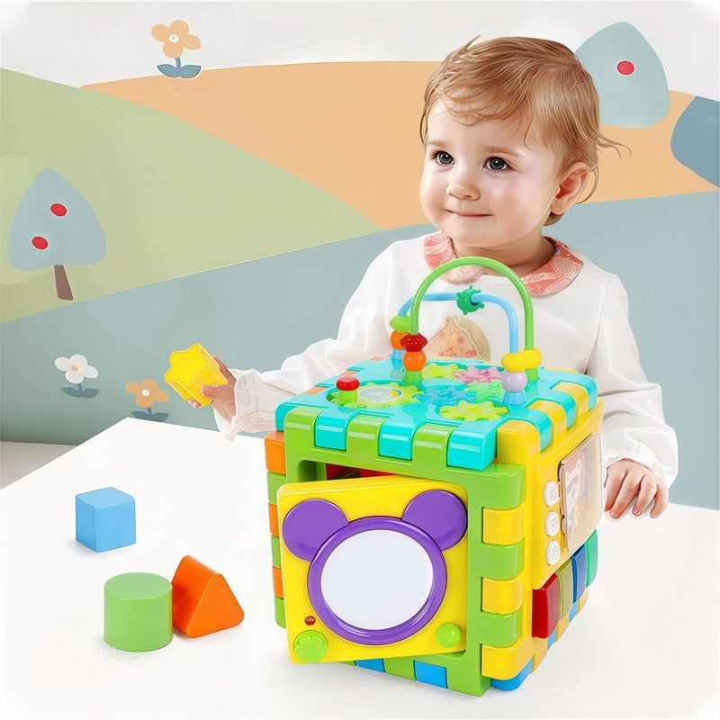 Cub Multifuncțional Puzzle Educativ pentru Bebelusi cu 6 Laturi Interactive și Pian