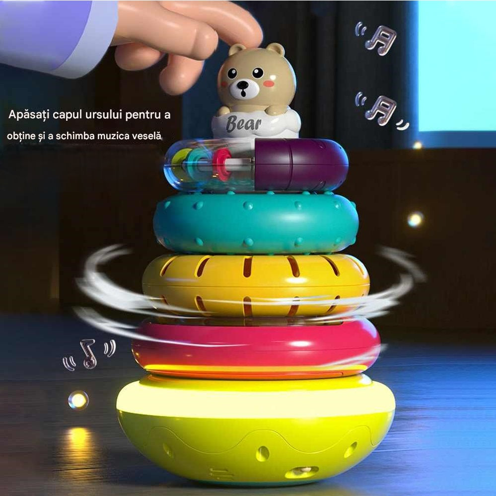Jucărie Interactivă Montessori – Turn cu Inele, Lumină și Muzică (+6 luni)