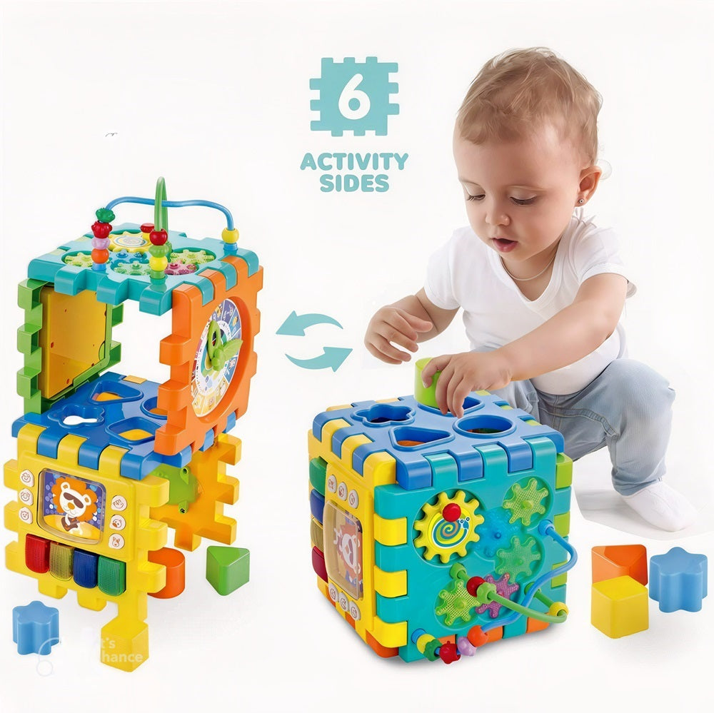 Cub Multifuncțional Puzzle Educativ pentru Bebelusi cu 6 Laturi Interactive și Pian