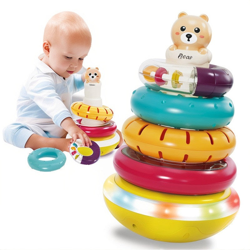 Jucărie Interactivă Montessori – Turn cu Inele, Lumină și Muzică (+6 luni)