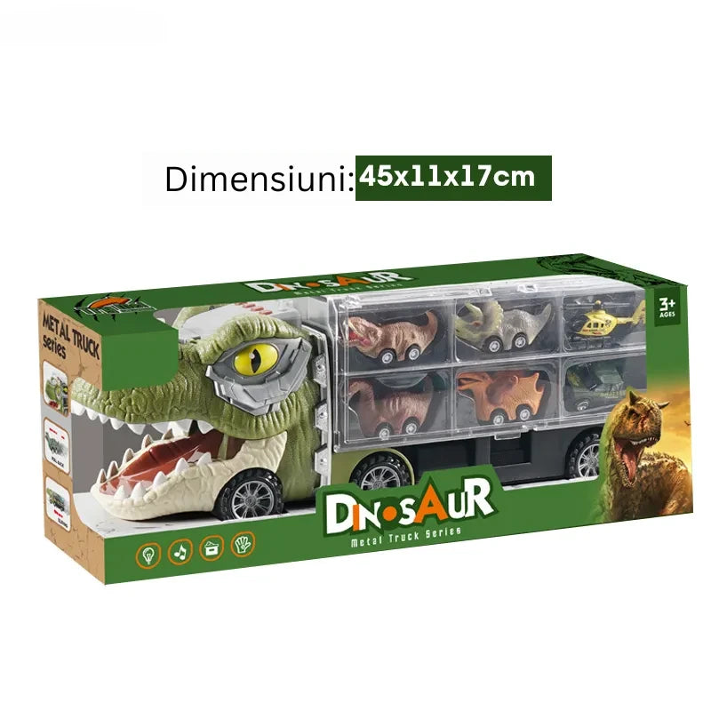 Camion Dinozaur Interactiv cu Lumini, Sunete și 6 Jucării Pull-Back – jucărie educativă pentru copii