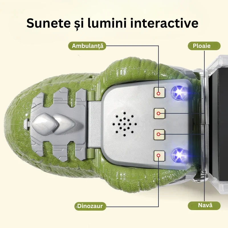 Camion Dinozaur Interactiv cu Lumini, Sunete și 6 Jucării Pull-Back – jucărie educativă pentru copii