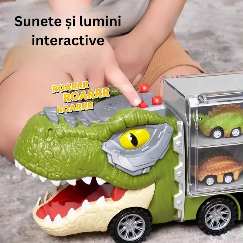 Camion Dinozaur Interactiv cu Lumini, Sunete și 6 Jucării Pull-Back – jucărie educativă pentru copii