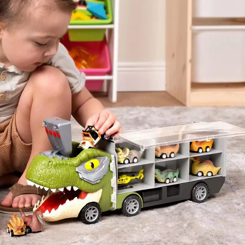 Camion Dinozaur Interactiv cu Lumini, Sunete și 6 Jucării Pull-Back – jucărie educativă pentru copii