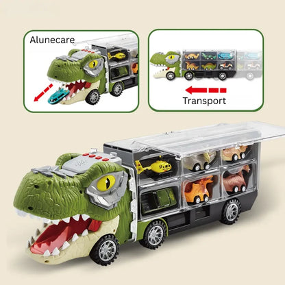 Camion Dinozaur Interactiv cu Lumini, Sunete și 6 Jucării Pull-Back – jucărie educativă pentru copii