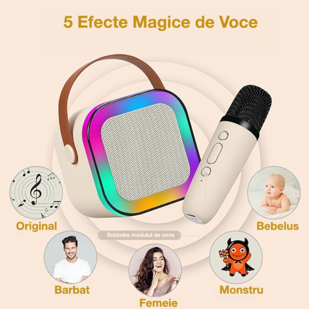 Boxă Portabilă Karaoke cu 2 Microfoane Wireless, Bluetooth 5.3, Lumini LED RGB - Distracție pentru Copii și Adulți