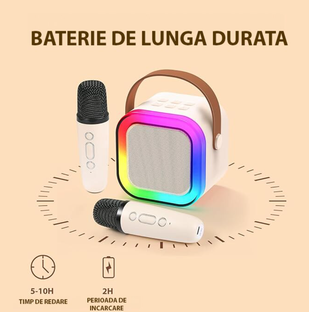 Boxă Portabilă Karaoke cu 2 Microfoane Wireless, Bluetooth 5.3, Lumini LED RGB - Distracție pentru Copii și Adulți