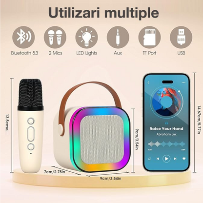 Boxă Portabilă Karaoke cu 2 Microfoane Wireless, Bluetooth 5.3, Lumini LED RGB - Distracție pentru Copii și Adulți