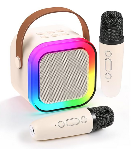 Boxă Portabilă Karaoke cu 2 Microfoane Wireless, Bluetooth 5.3, Lumini LED RGB - Distracție pentru Copii și Adulți