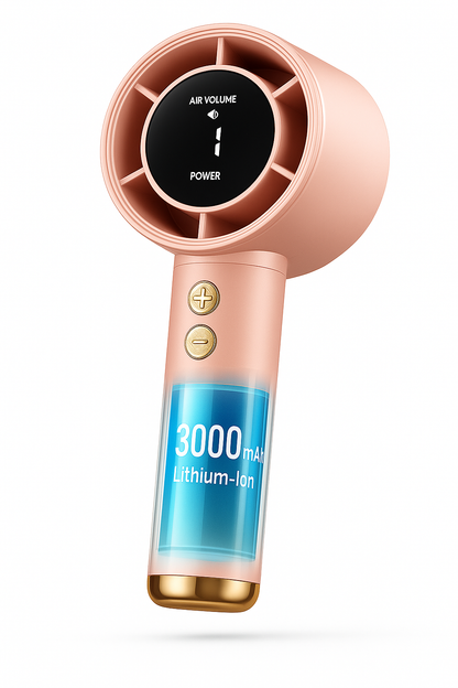 Ventilator Portabil Roz cu 100 de Viteze, Afișaj Digital și Încărcare USB – 3000mAh, Turbo Boost, Ultra Compact