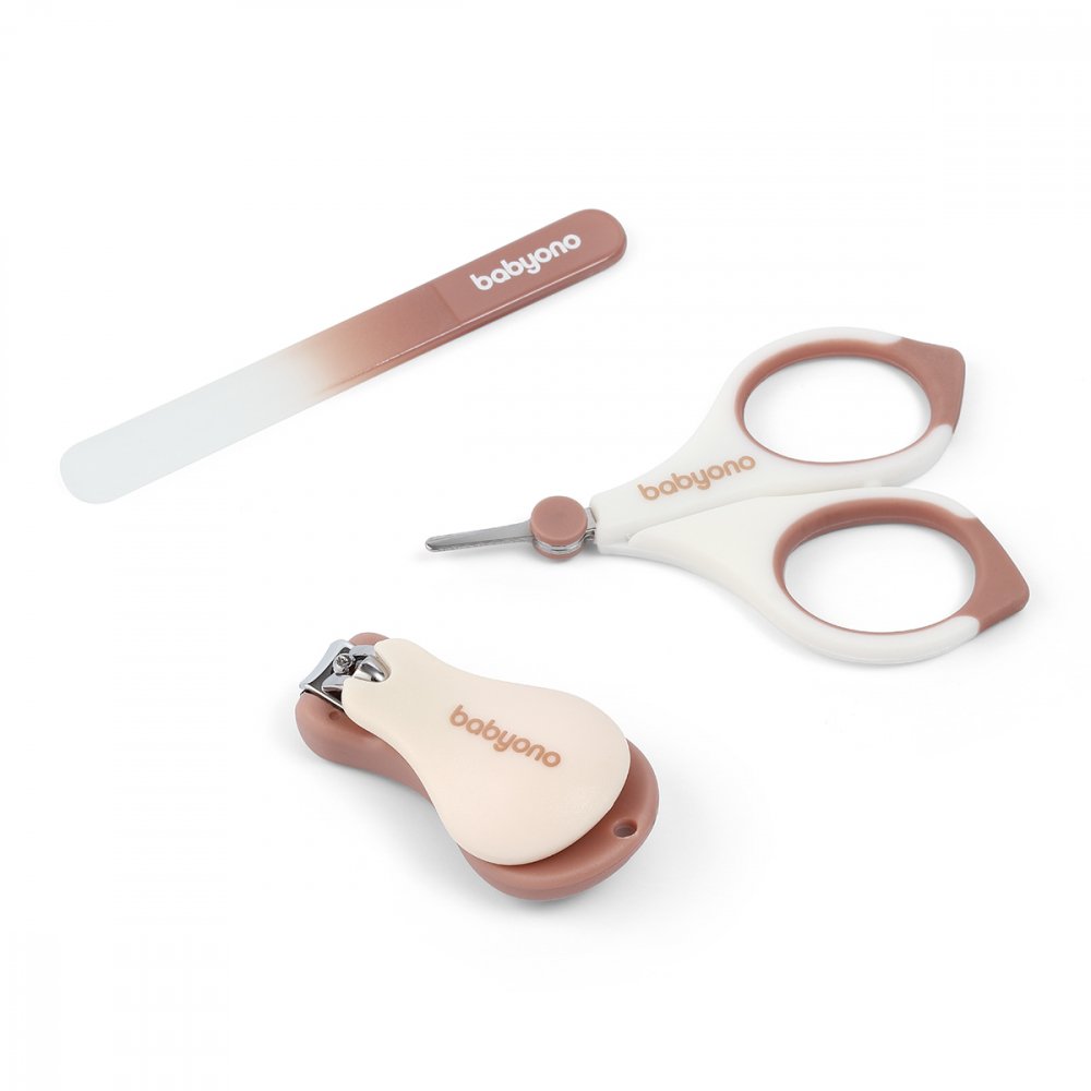 BABYONO Set Manichiura Bebelusi 3 Piese cu Suport Maro