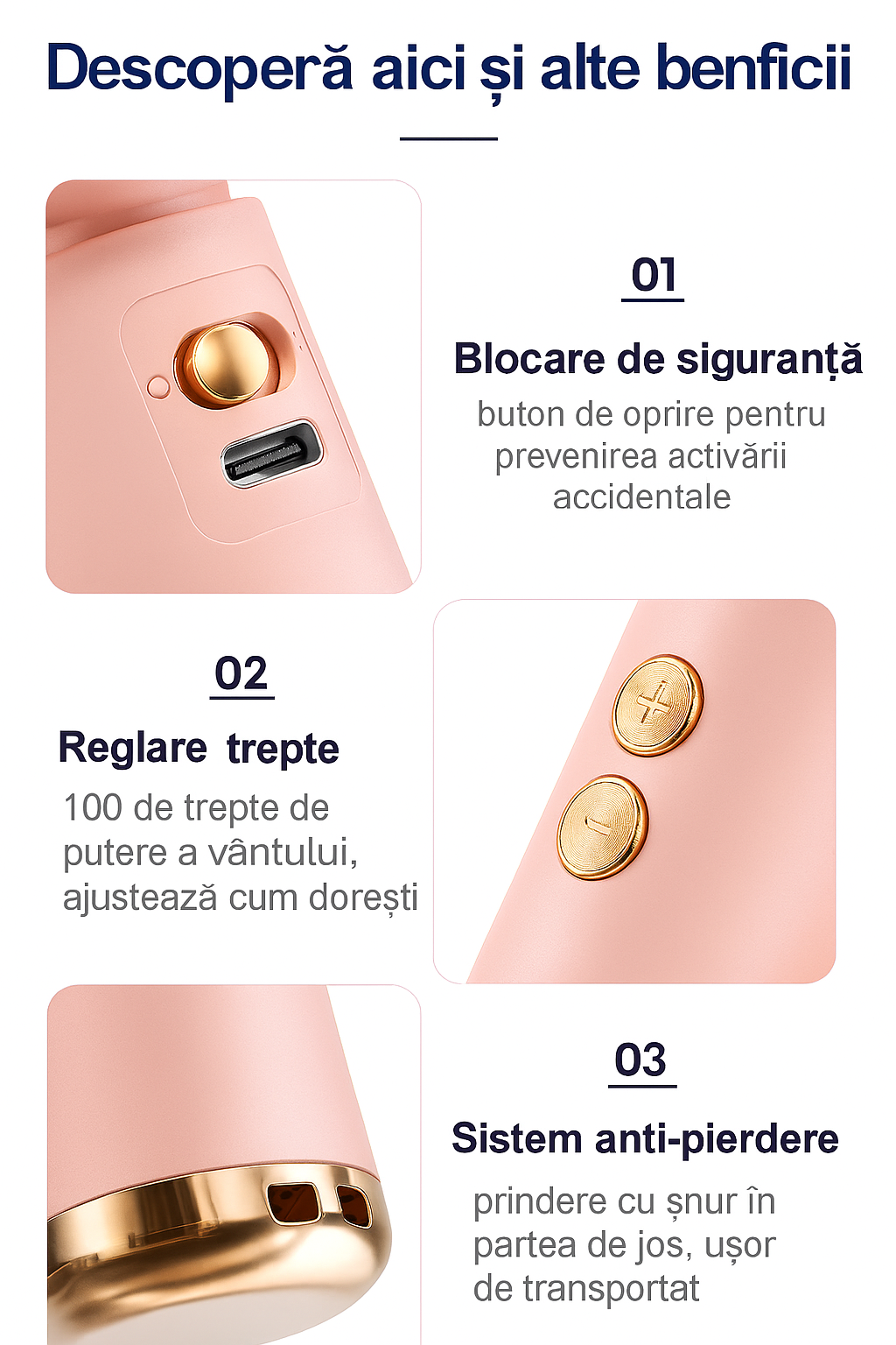Ventilator Portabil Roz cu 100 de Viteze, Afișaj Digital și Încărcare USB – 3000mAh, Turbo Boost, Ultra Compact