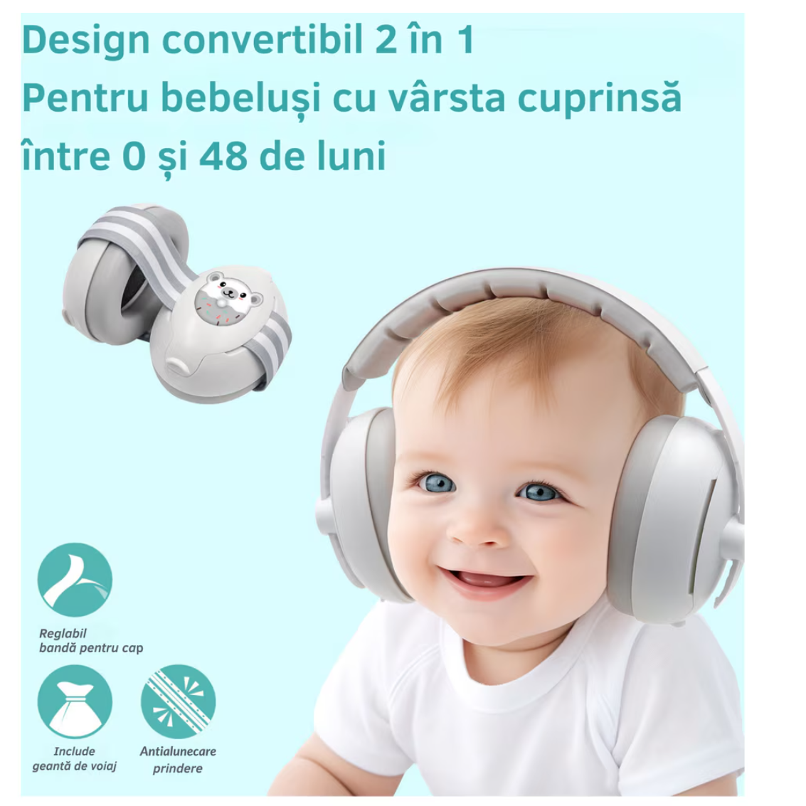 Căști antifonice bebeluși & copii 0–36 luni, 2-în-1 (bentiță + bandă reglabilă), ultra-soft, protecție auz pentru somn, călătorii și evenimente