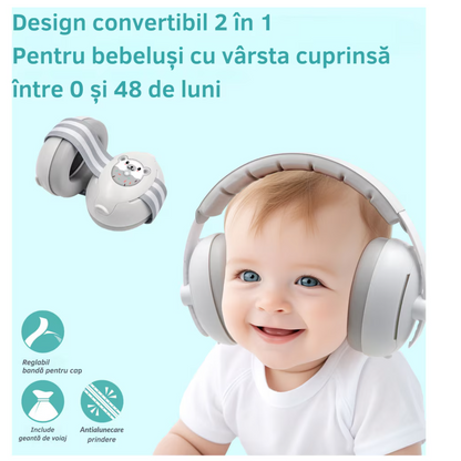 Căști antifonice bebeluși & copii 0–36 luni, 2-în-1 (bentiță + bandă reglabilă), ultra-soft, protecție auz pentru somn, călătorii și evenimente
