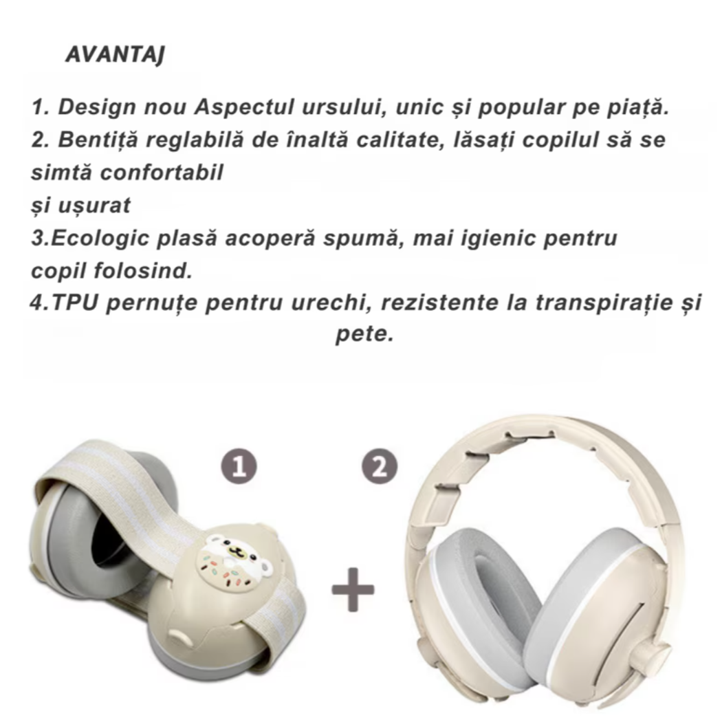 Căști antifonice bebeluși & copii 0–36 luni, 2-în-1 (bentiță + bandă reglabilă), ultra-soft, protecție auz pentru somn, călătorii și evenimente