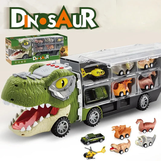 Camion Dinozaur Interactiv cu Lumini, Sunete și 6 Jucării Pull-Back – jucărie educativă pentru copii