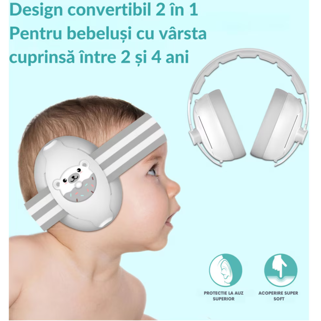 Căști antifonice bebeluși & copii 0–36 luni, 2-în-1 (bentiță + bandă reglabilă), ultra-soft, protecție auz pentru somn, călătorii și evenimente