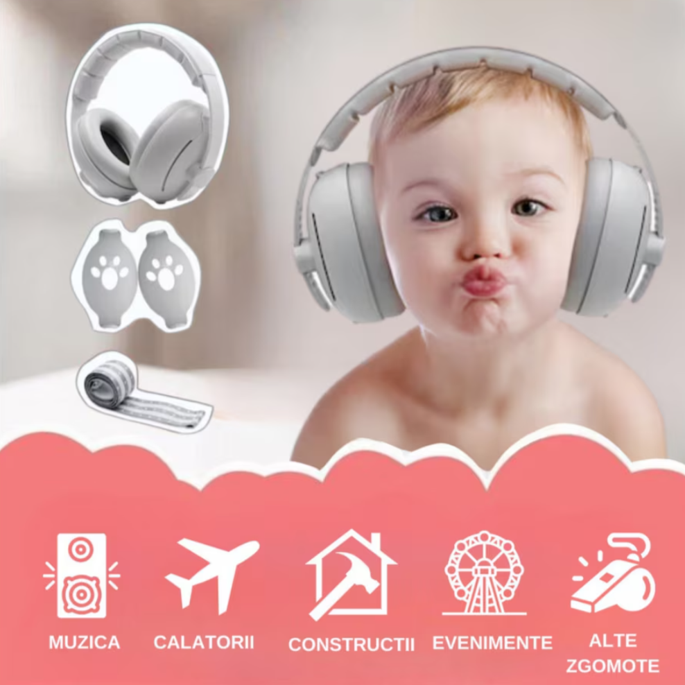 Căști antifonice bebeluși & copii 0–36 luni, 2-în-1 (bentiță + bandă reglabilă), ultra-soft, protecție auz pentru somn, călătorii și evenimente