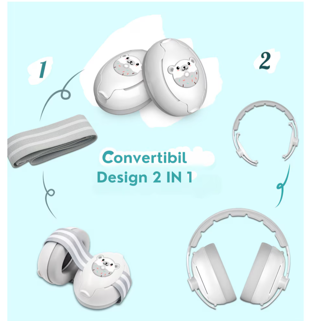 Căști antifonice bebeluși & copii 0–36 luni, 2-în-1 (bentiță + bandă reglabilă), ultra-soft, protecție auz pentru somn, călătorii și evenimente