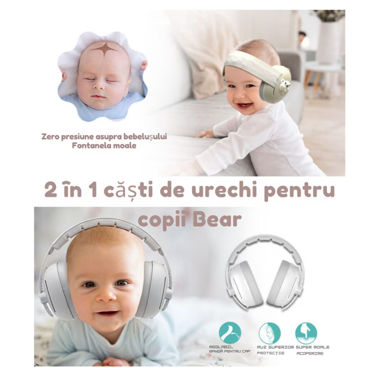 Căști antifonice bebeluși & copii 0–36 luni, 2-în-1 (bentiță + bandă reglabilă), ultra-soft, protecție auz pentru somn, călătorii și evenimente