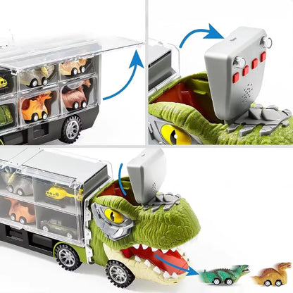 Camion Dinozaur Interactiv cu Lumini, Sunete și 6 Jucării Pull-Back – jucărie educativă pentru copii