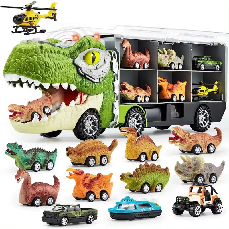 Camion Dinozaur Interactiv cu Lumini, Sunete și 6 Jucării Pull-Back – jucărie educativă pentru copii