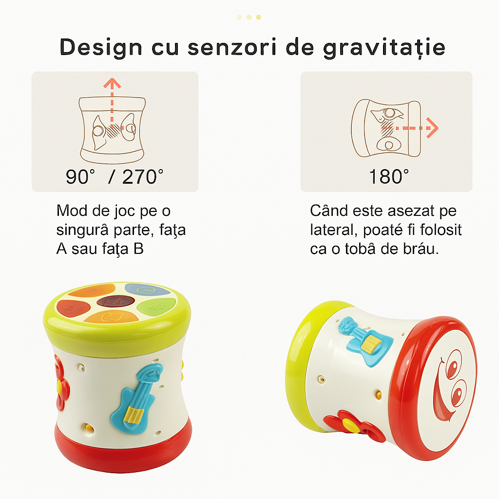 Tobă muzicală interactivă pentru copii, cu lumini colorate și 28 melodii
