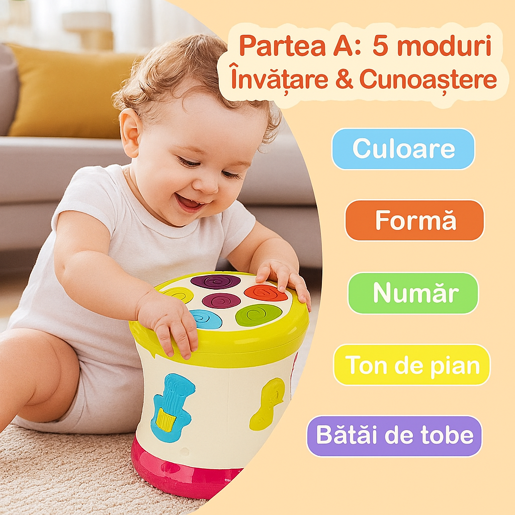 Tobă muzicală interactivă pentru copii, cu lumini colorate și 28 melodii
